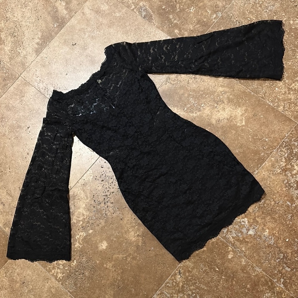 FREE PEOPLE black lace bodycon dress with dramatic bell sleeves and sheer panels - Picture 2 of 10
